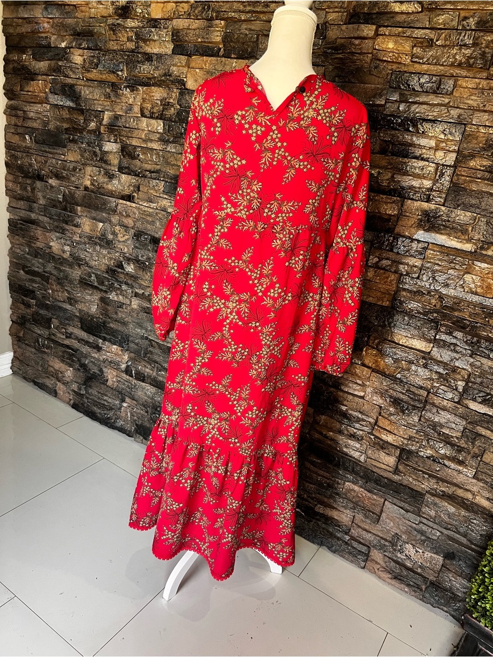 Red Floral Long-Sleeve Midi Dress homemade - Picture 4 of 10